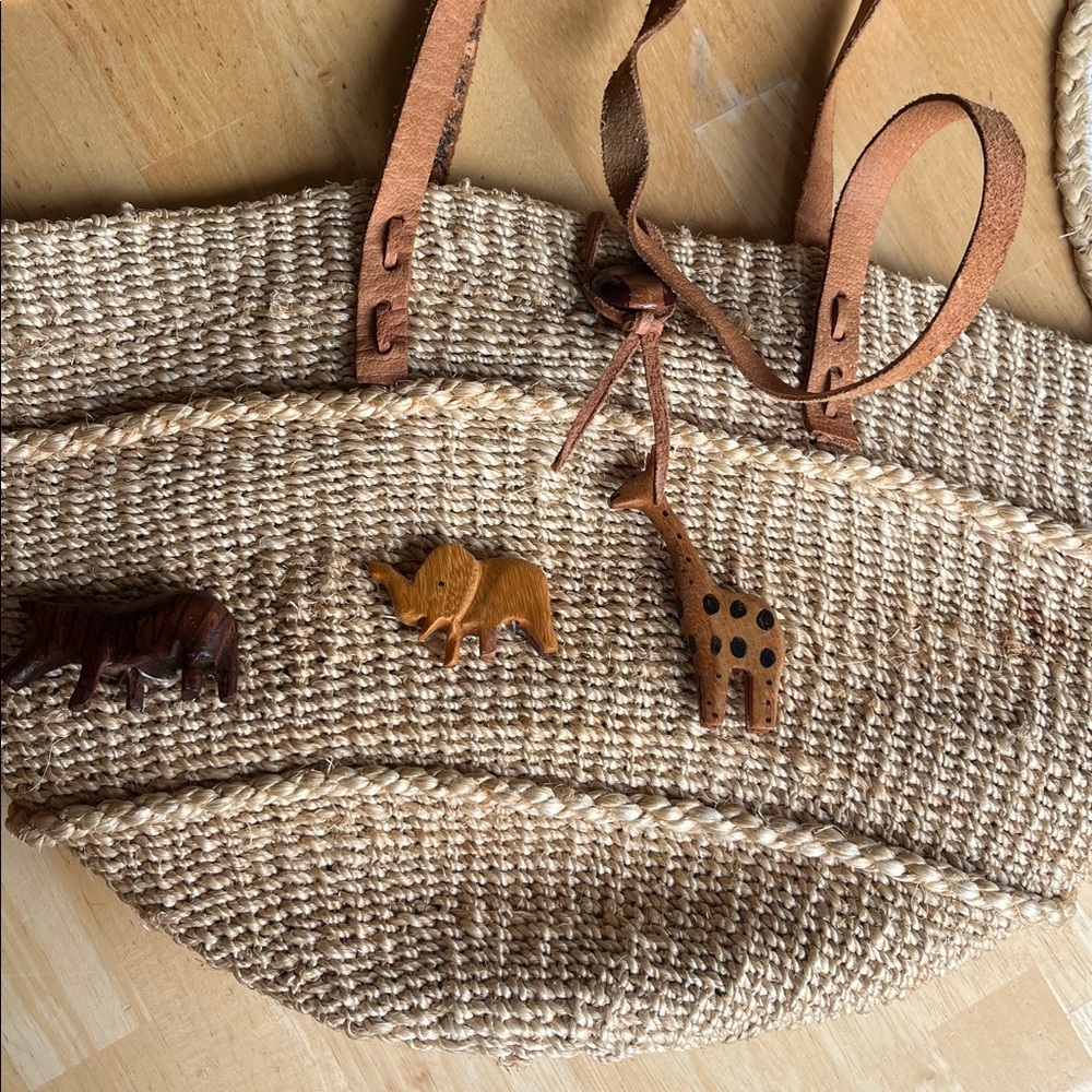 Vintage 90s Noah’s Ark Sisal Market Bag Leather Strap Animal Tote - Picture 2 of 12